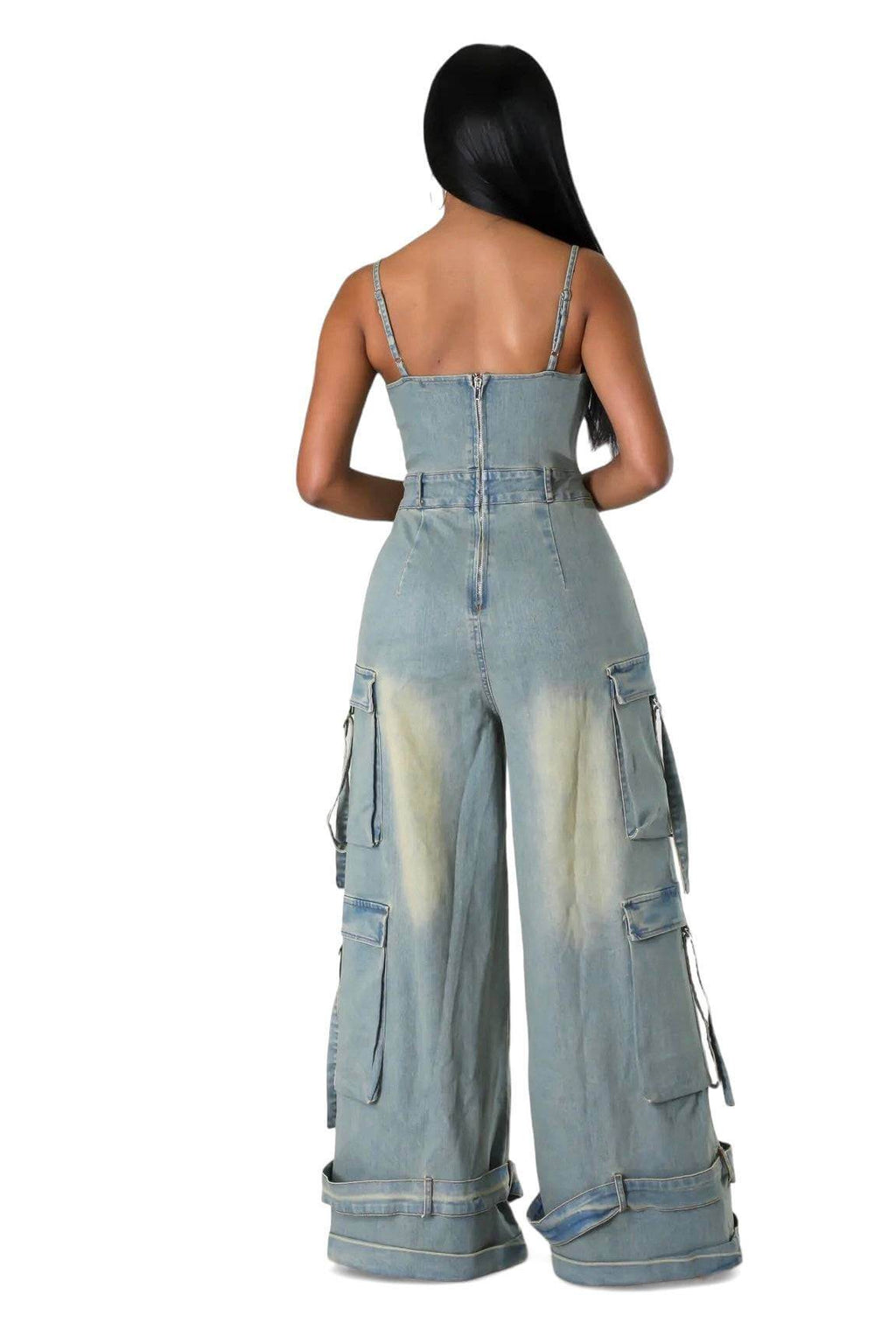 Dirty Wash Denim Jean Cargo Jumpsuit