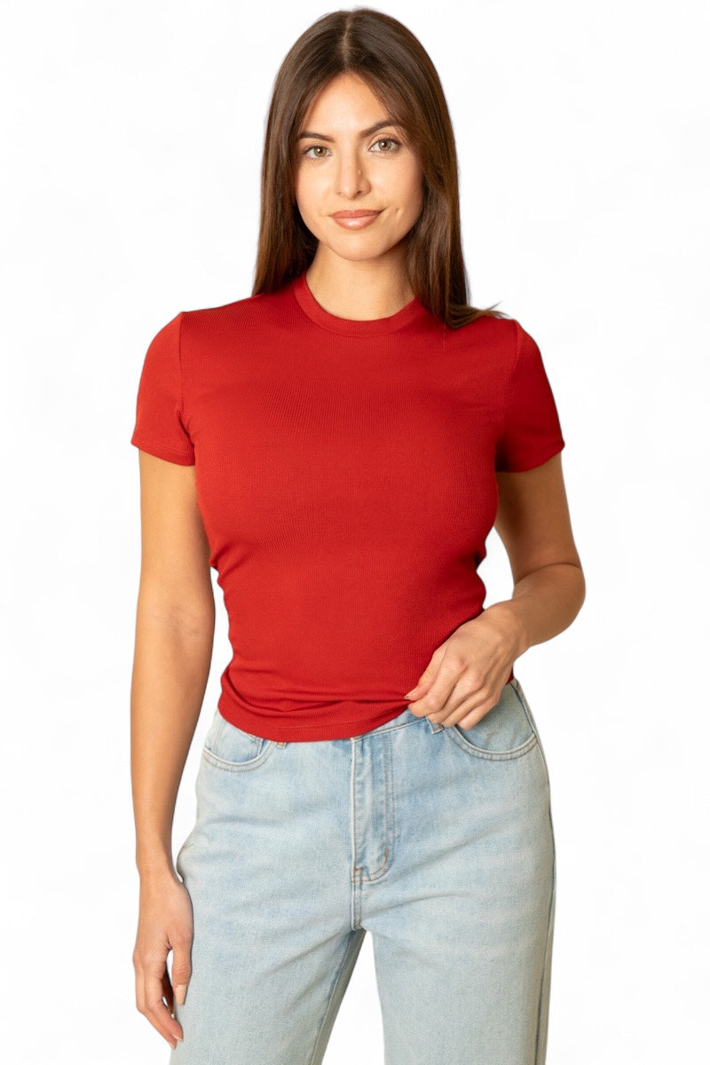Ribbed Round Neck Short Sleeve Top {BT5492}