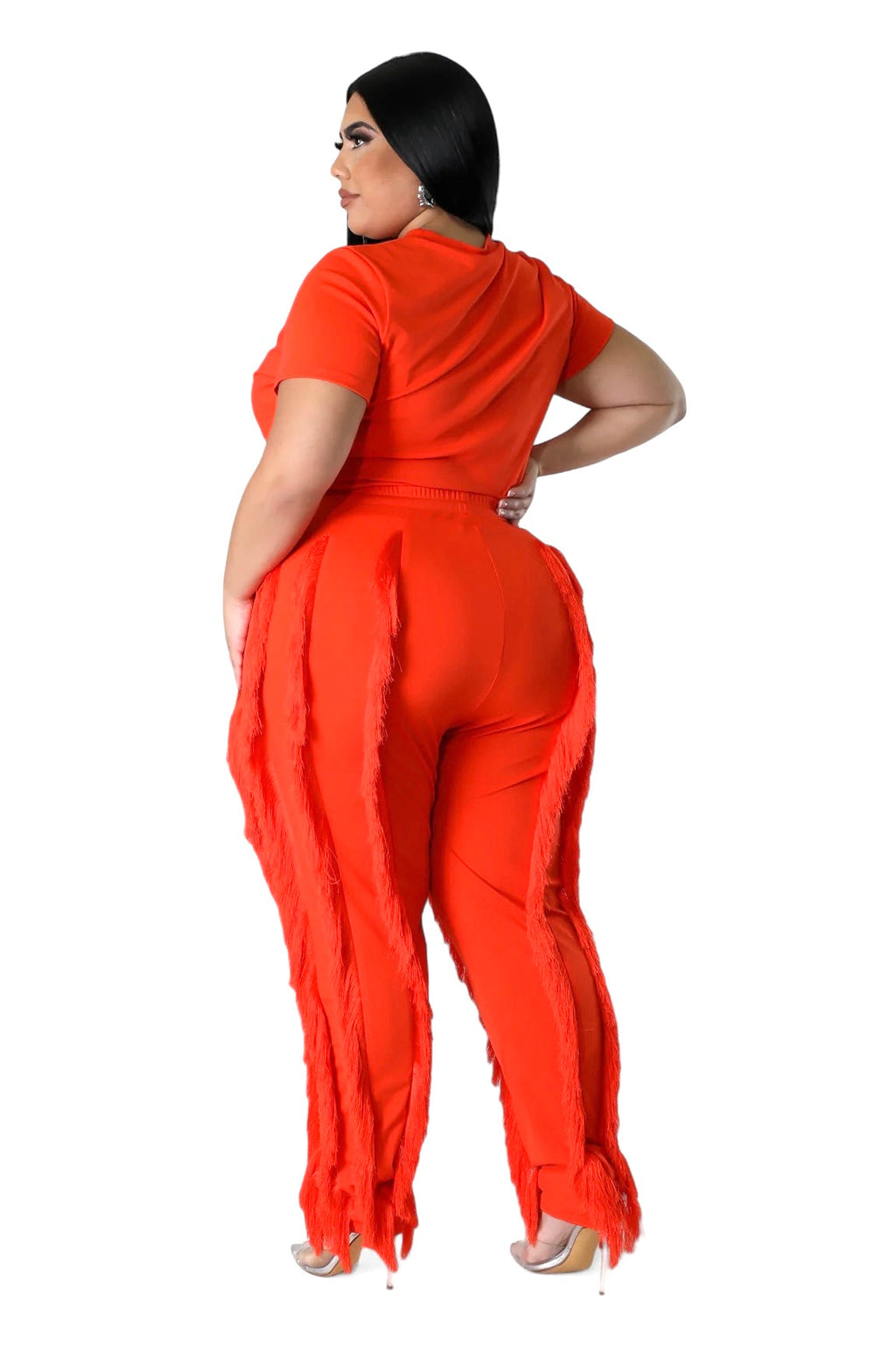 Curvy Short Sleeve Top Matching Tassel Pants