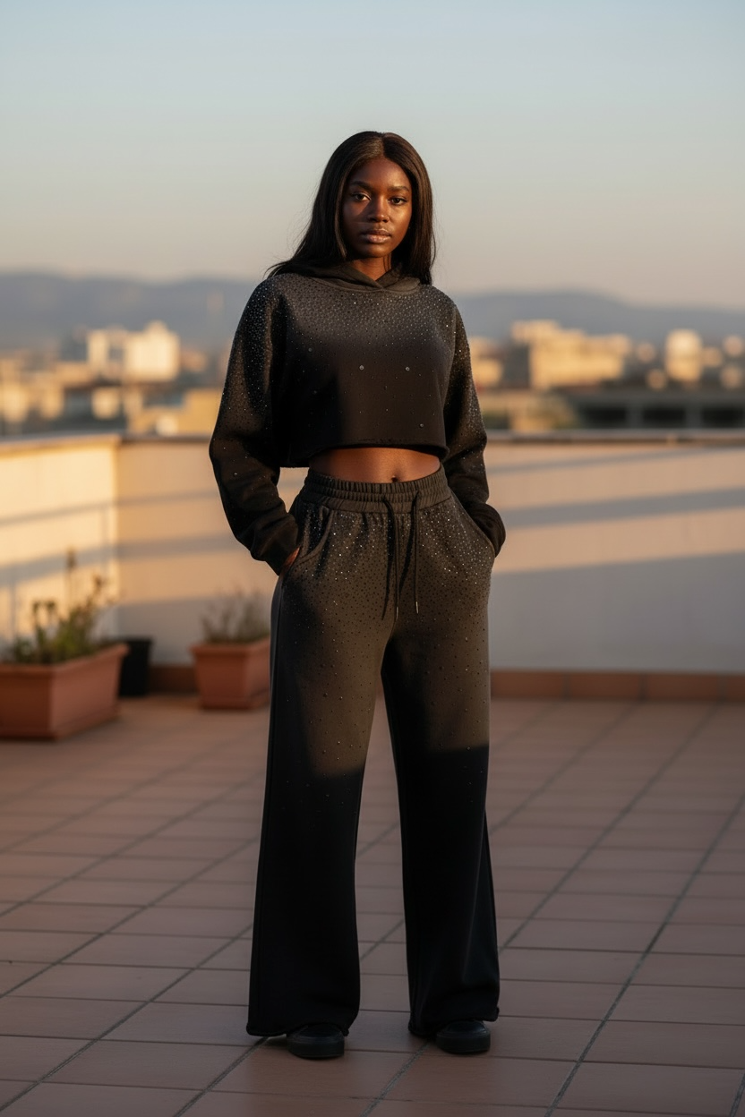 Rhinestone Ombre Cropped Hoodie Set