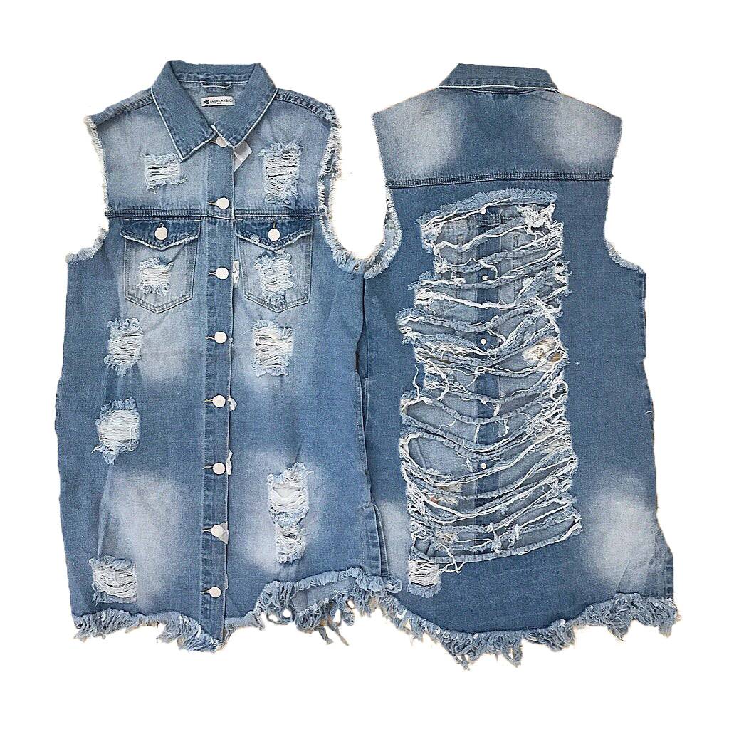 Long Distressed Denim Vest