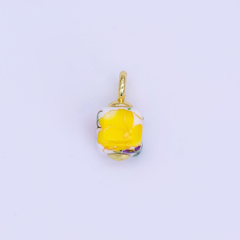 24K Gold Filled Green, Yellow, Purple, Red, Pink Flower Cube Ceramic Drop Pendant | E710 - E729