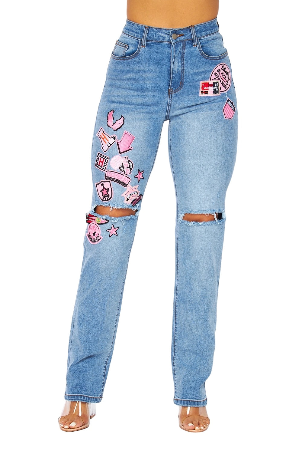 Denim Patch Exposed Knee Jeans