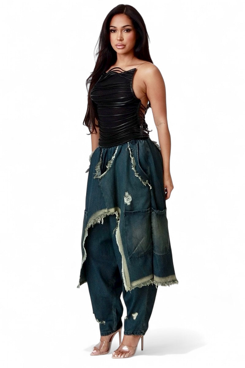 Trendy Distressed Denim Harem Pants