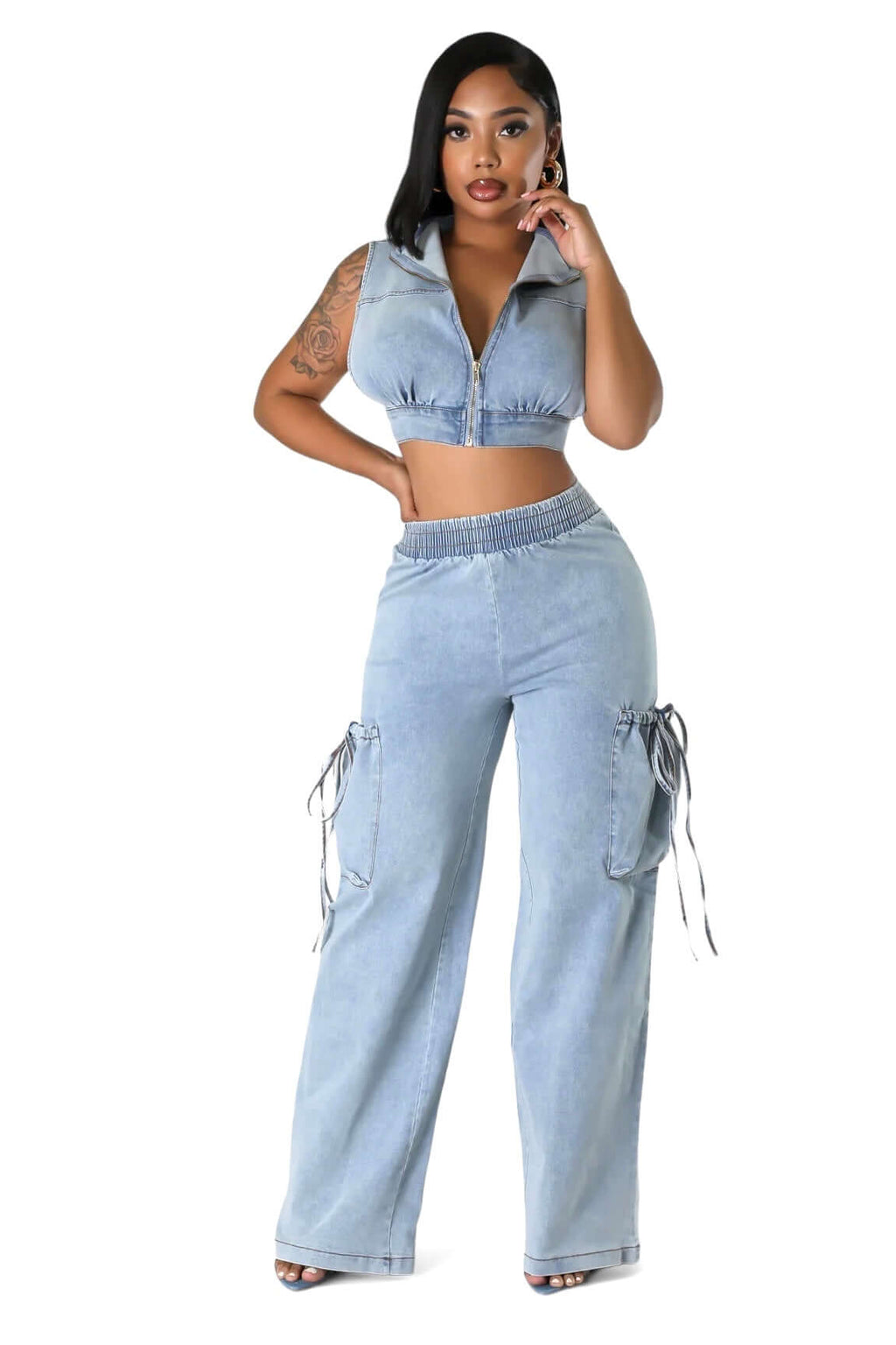 Two Piece Denim Cropped Top & Cargo Jean Pants Set
