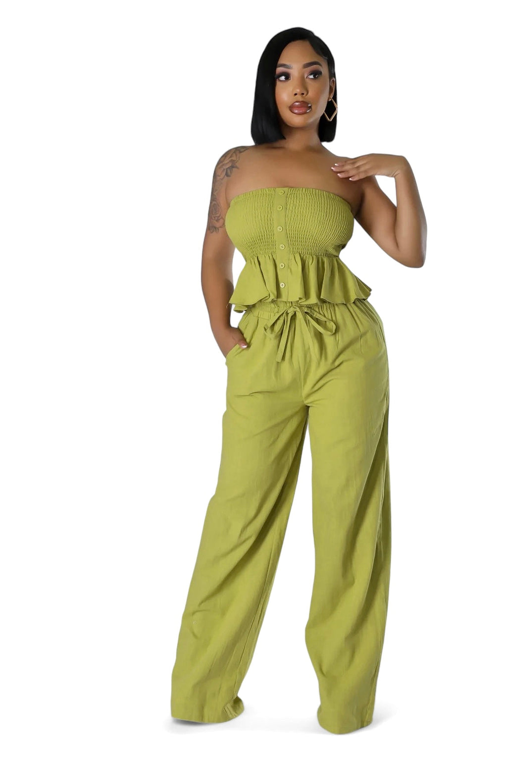 Two Piece Elastic Peplum Top & Pants Set