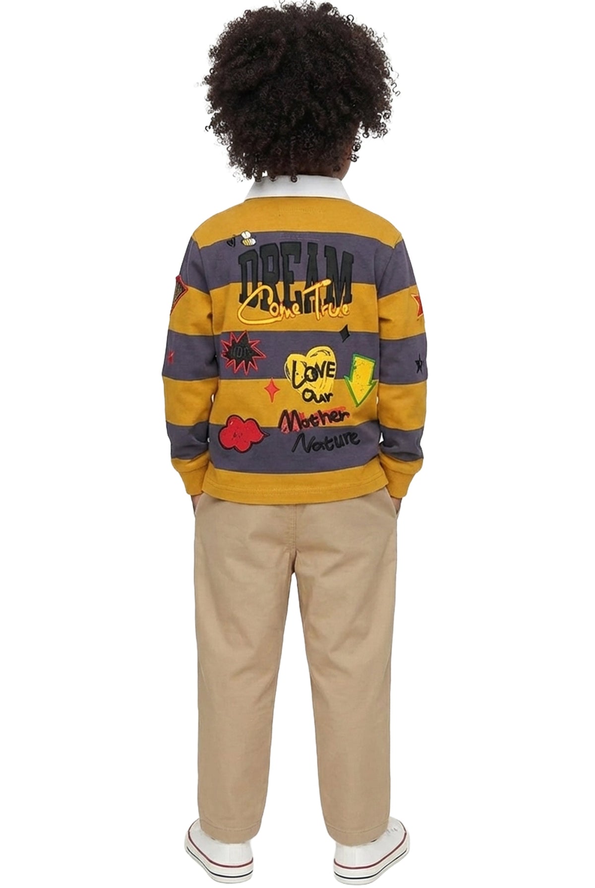 BISCOTTI Kid's Long Sleeve Polo Shirt With Heavy Print Effects & Patch Works