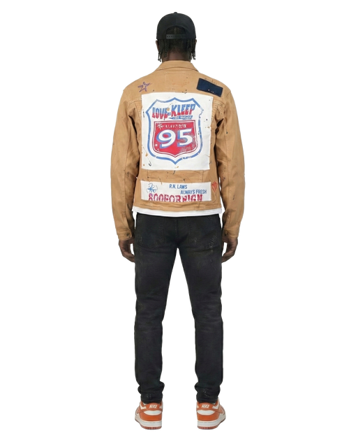 Antelope Men's graphic print patches with cut and sew cotton timber washed stretchable twill jacket