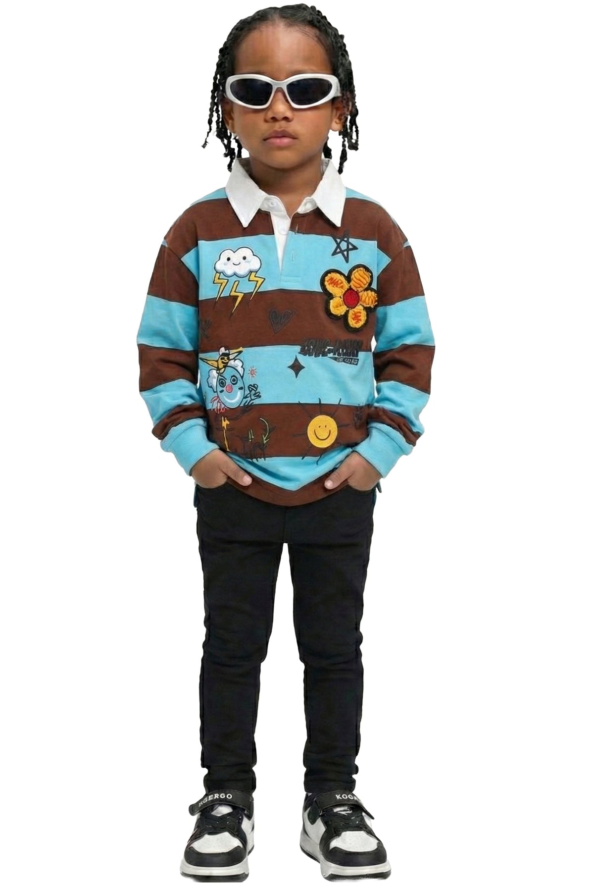 JORDY Kid's Long Sleeve Polo Shirt With Heavy Print Effects & Patch Works