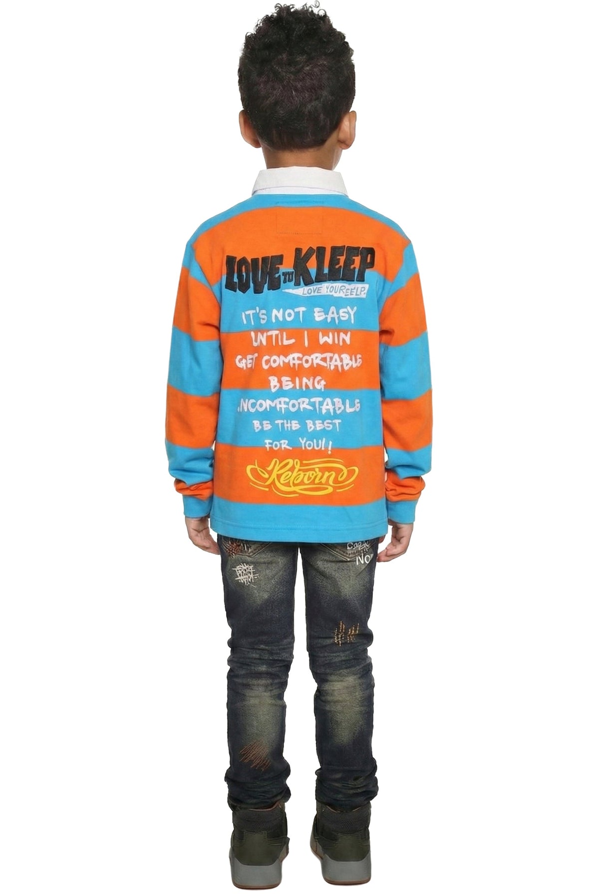 ZORA Kid's Long Sleeve Polo Shirt With Heavy Print Effects & Patch Works