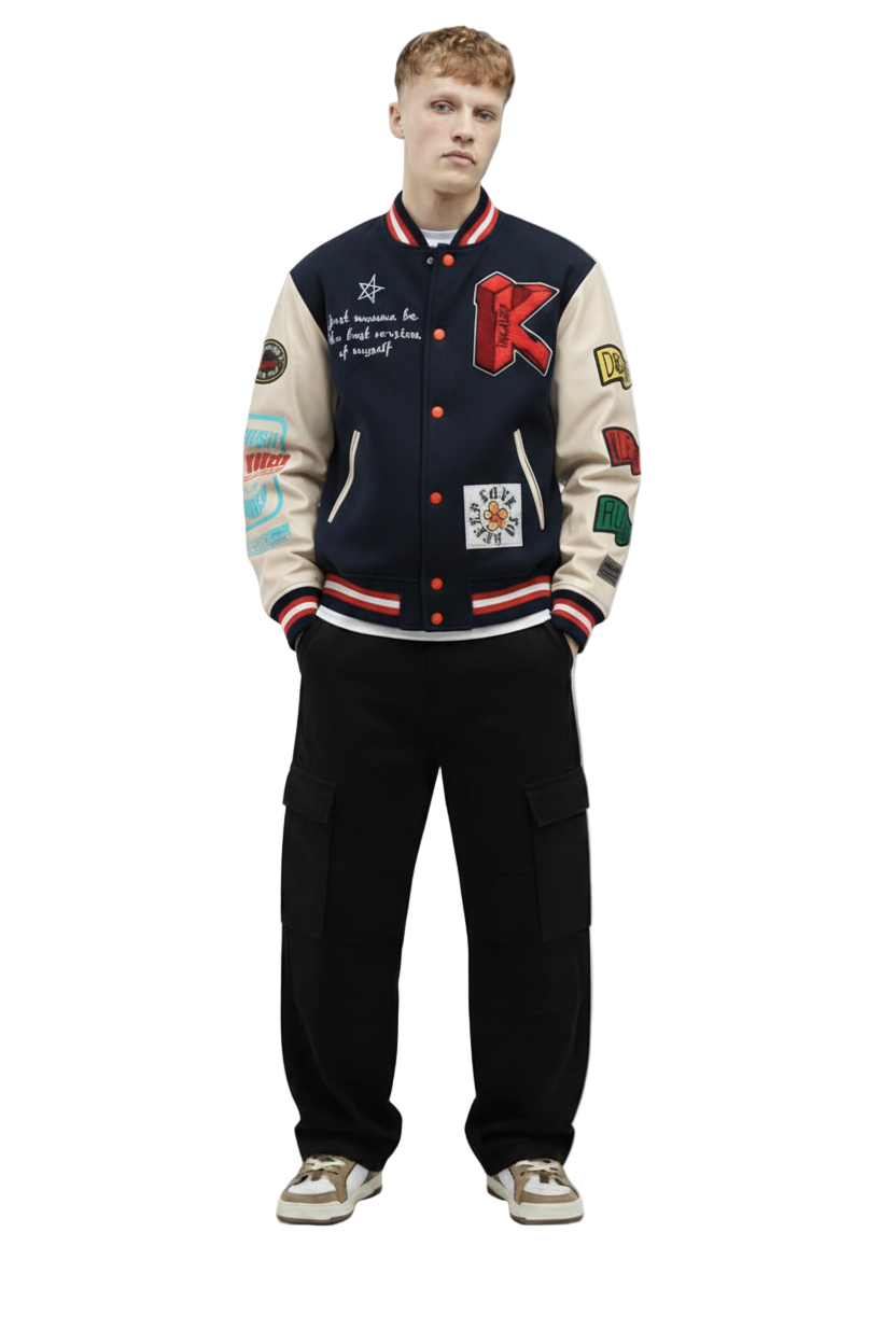 ODESSA Men's Melton Body with Faux Leather Sleeve Varsity Jacket