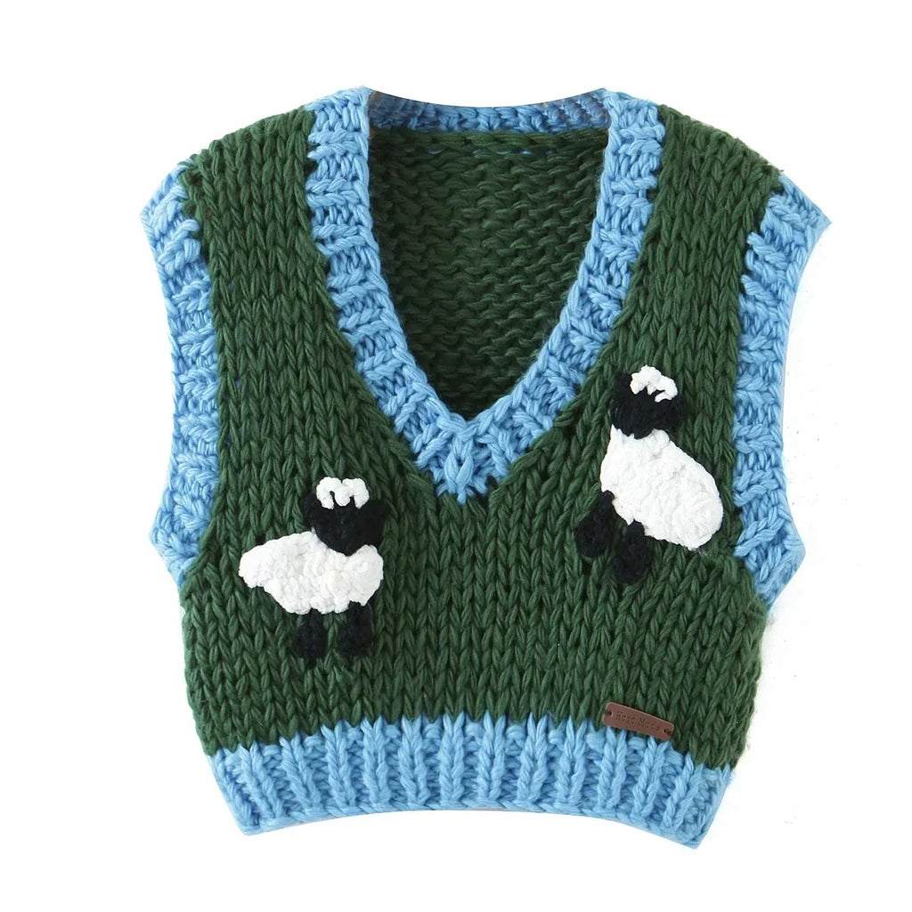 Sheep Knitted Sweater Vest Vintage Animal  Blue Cropped Sweater