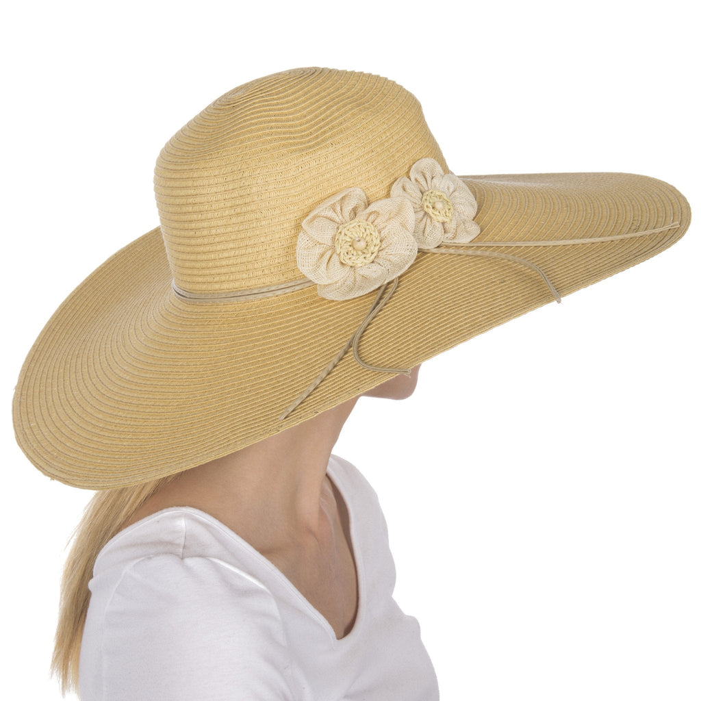 Sakkas Bella UPF 50+ 100% Paper Straw Flower Accent Wide Brim Floppy Hat