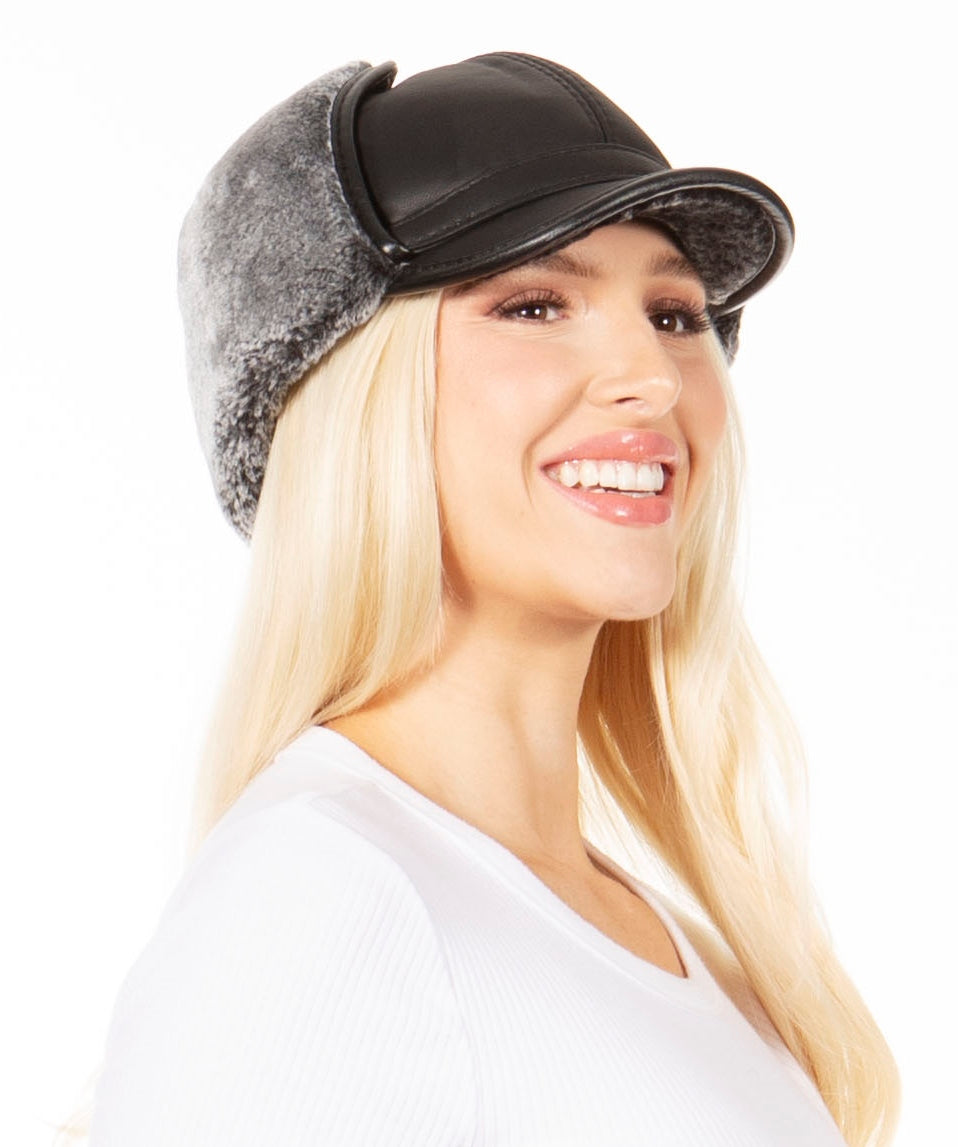 Sakkas Unisex Leather Aviator Trapper Hat, Faux Fur Shearling Lined
