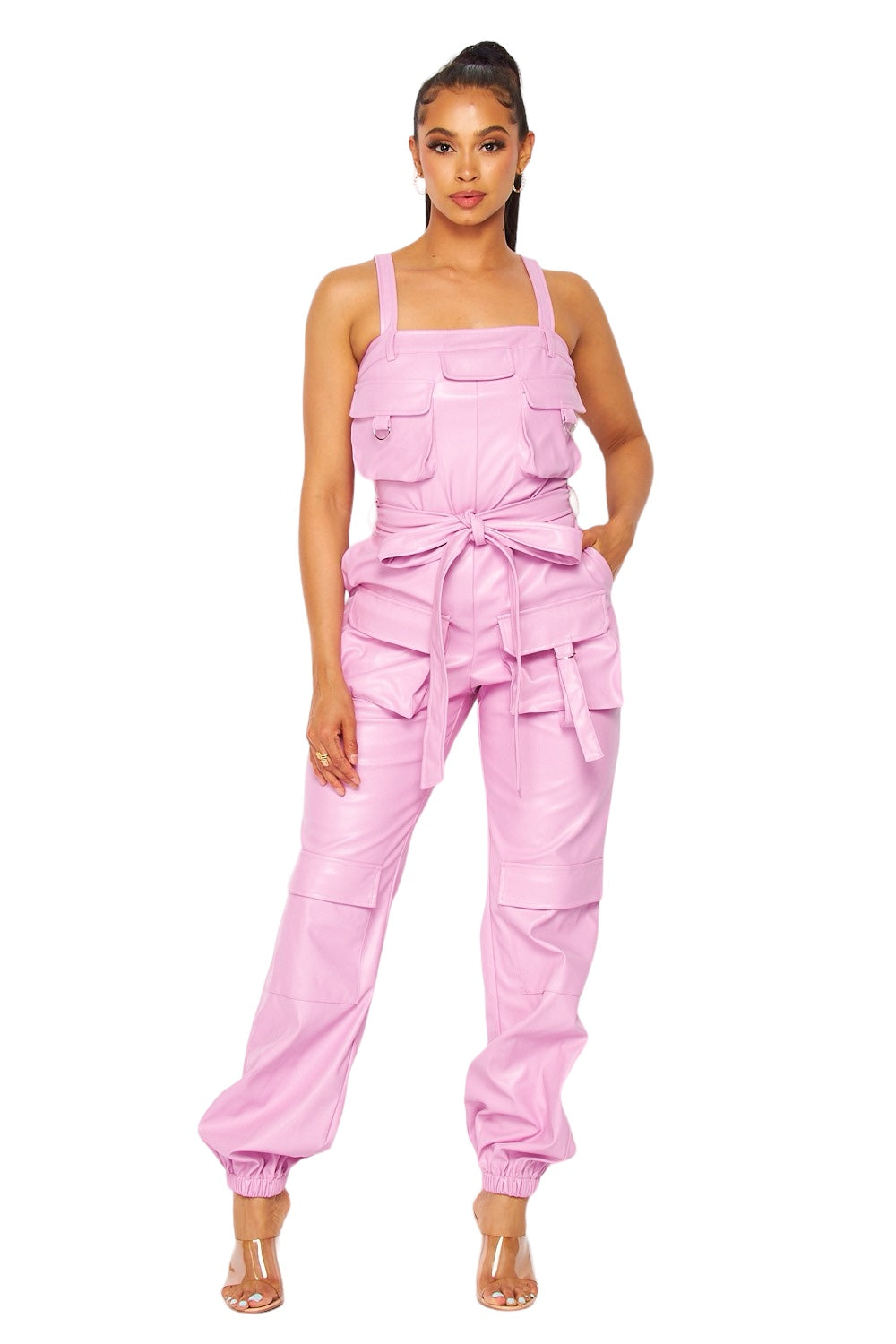 Vegan Leather Cargo Pocket Jogger Jumpsuit