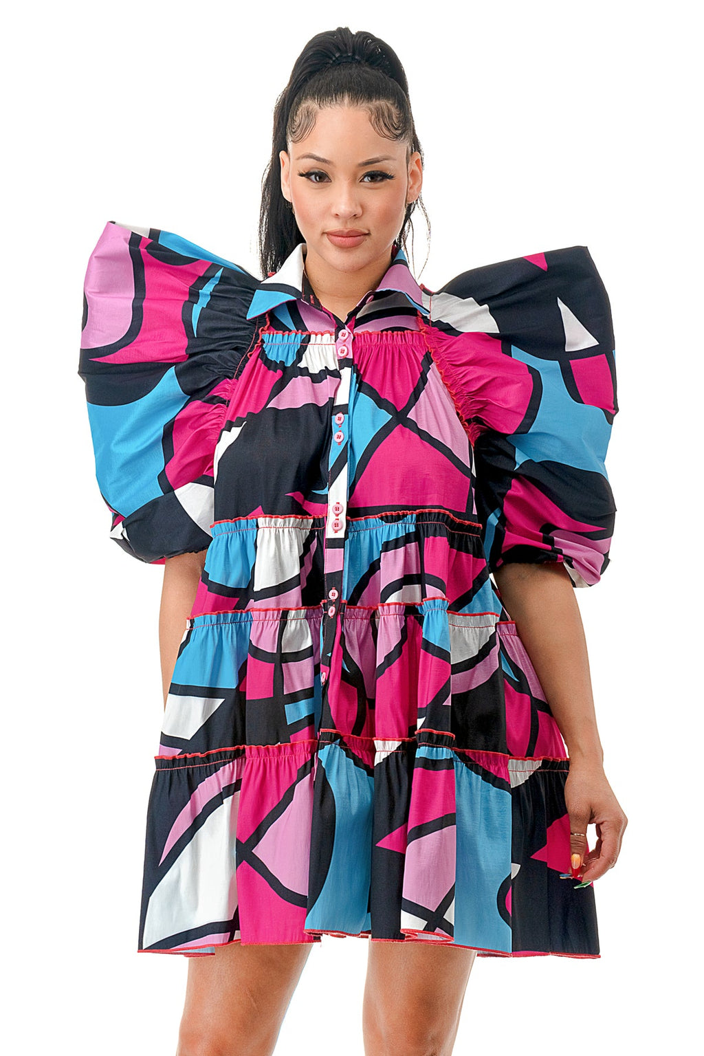 Multi Color Puff Sleeve Baby Doll Dress