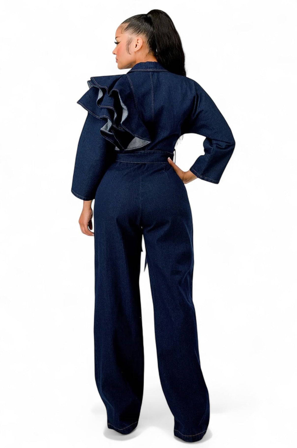 Dark Denim Ruffle Shoulder Jumpsuit