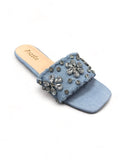 Light Blue Denim Distressed Rhinestone Flats