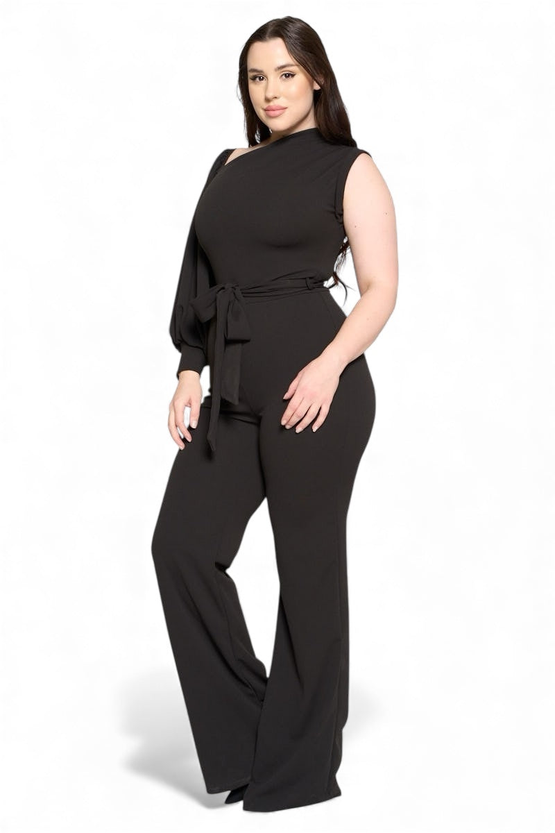 One Shoulder Puff Sleeve Belted Jumpsuit