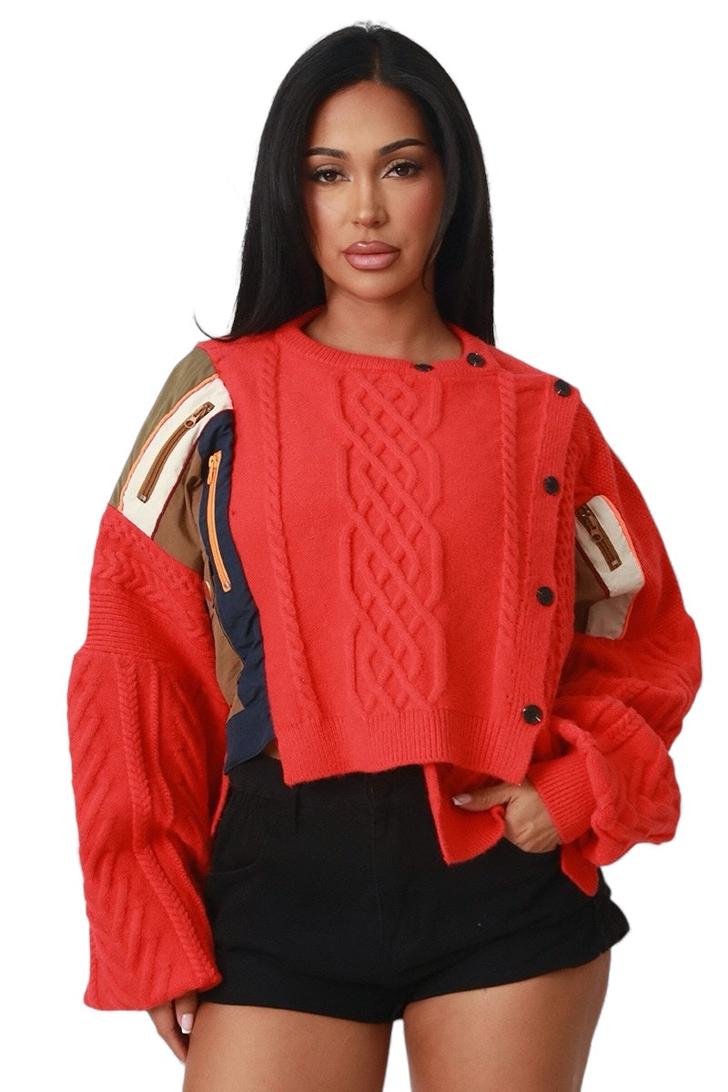 Asymmetric Patchwork Knit Button Sweater