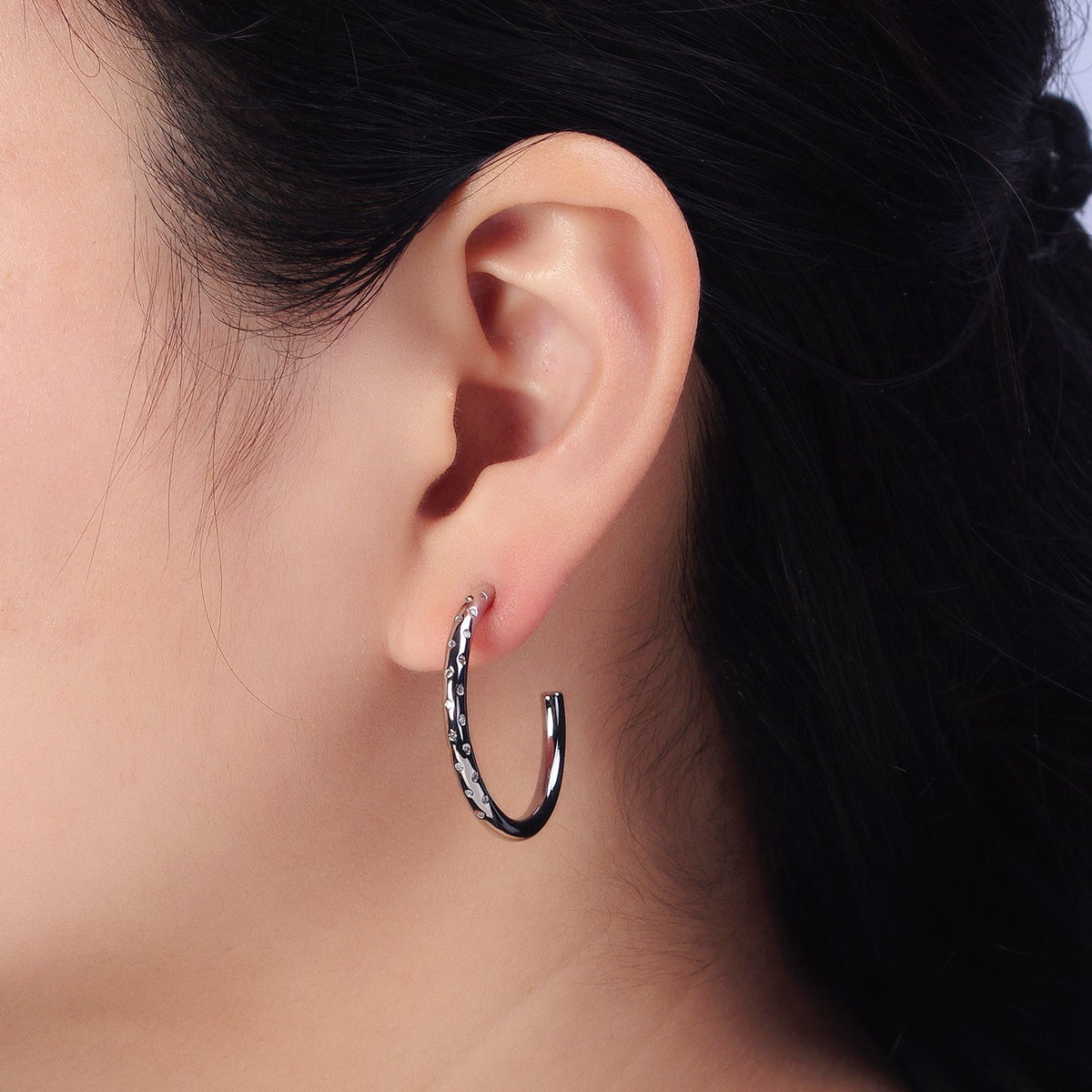 30mm Clear CZ Dotted C-Shaped Hoop Earrings in Gold & Silver | AB749 AB741