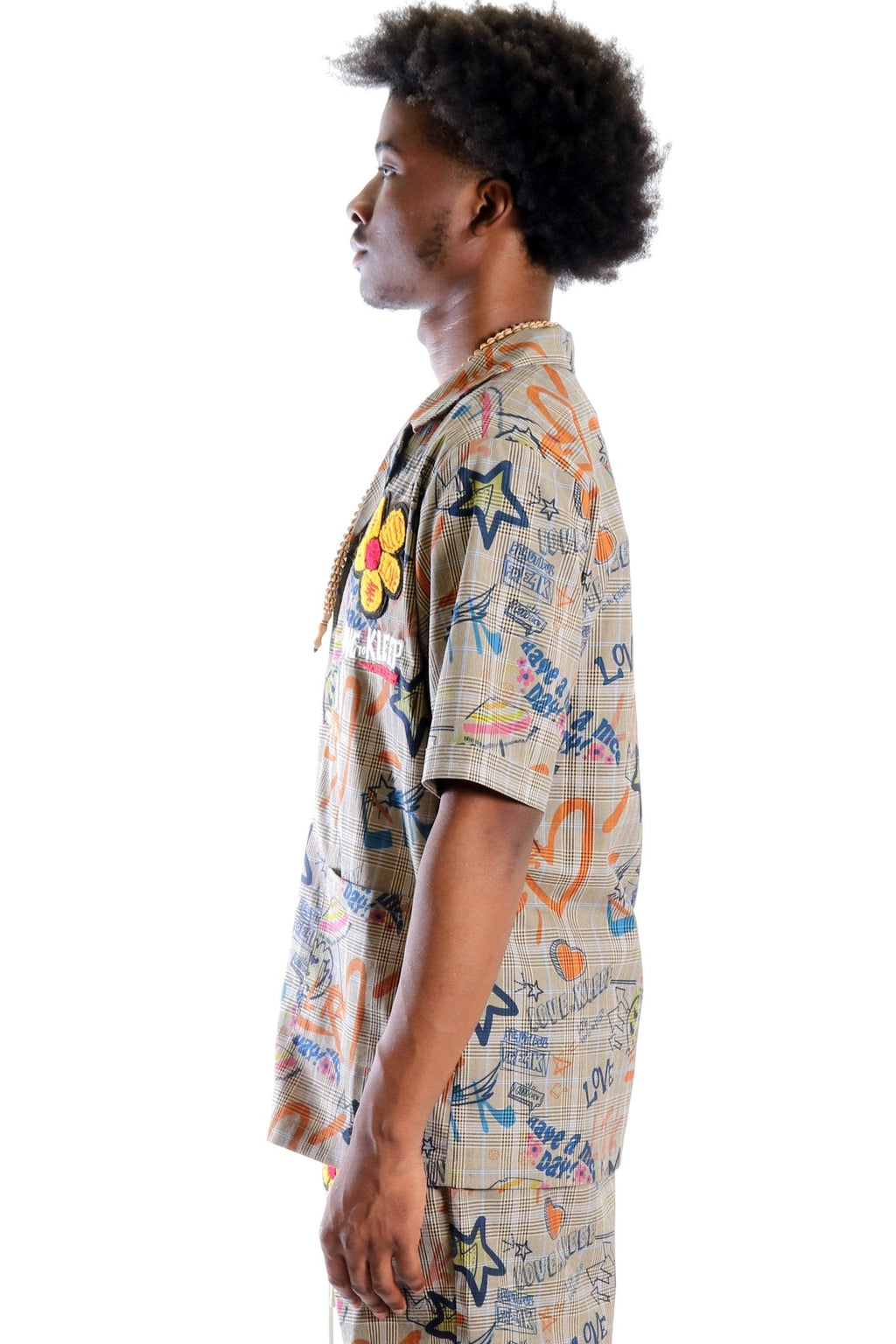 Velo L.T.K. Men's premium Short Sleeve Plaid button down shirt with hand sketch drawing pop art