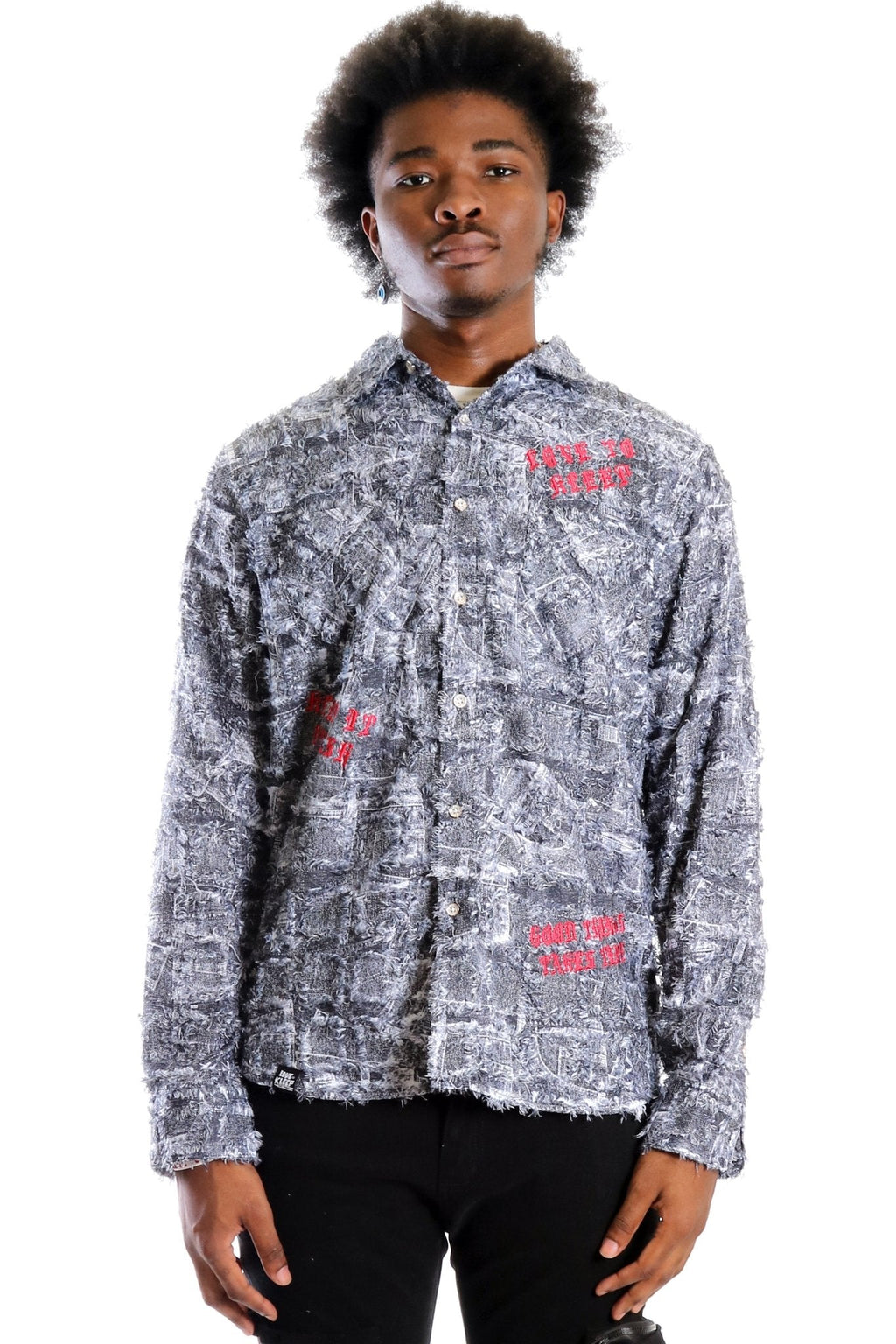 Yeti Men's ripped & repaired button down shirt