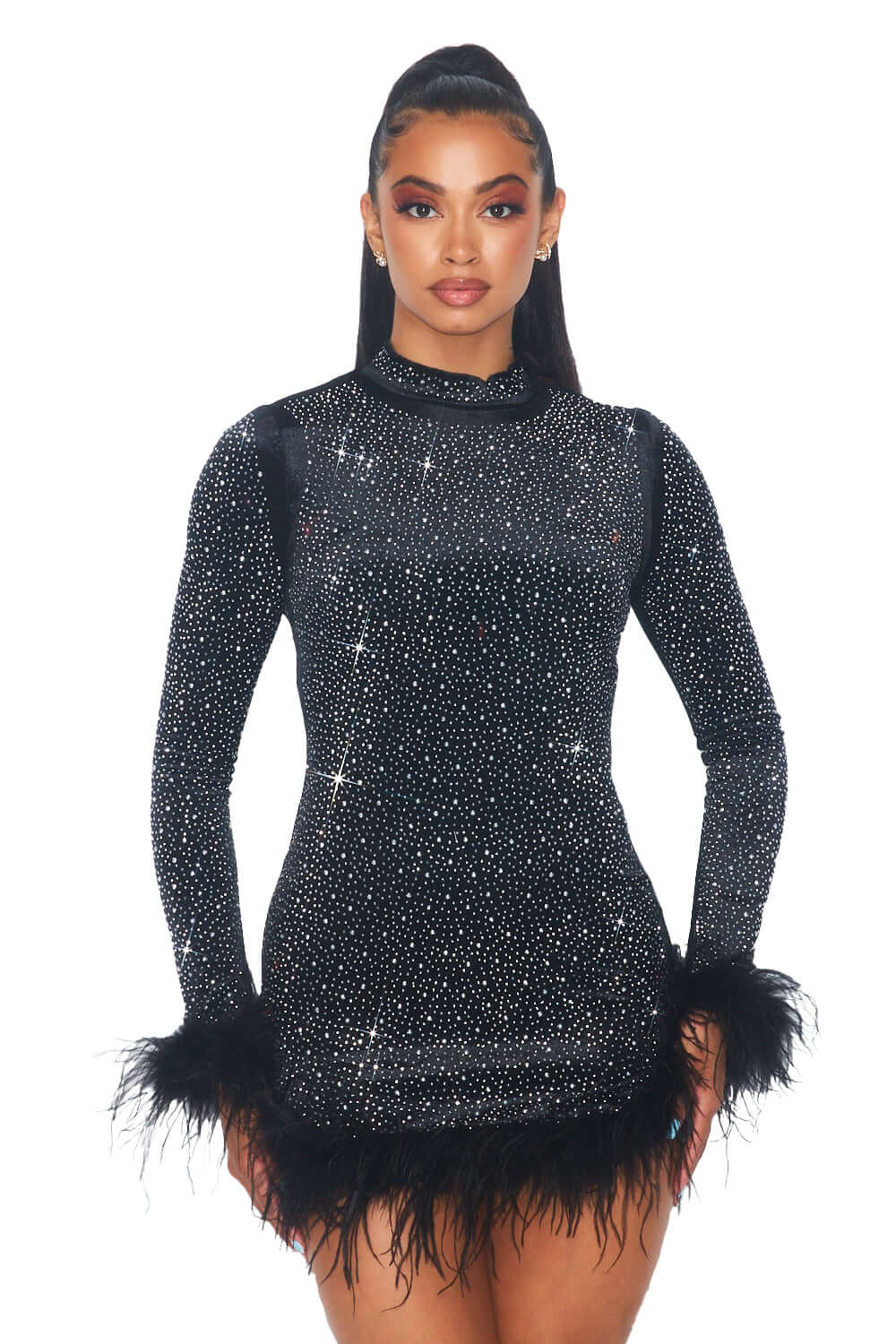 Rhinestone and Feather Velvet Mini Dress