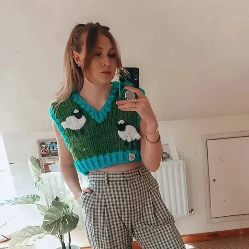 Sheep Knitted Sweater Vest Vintage Animal  Blue Cropped Sweater