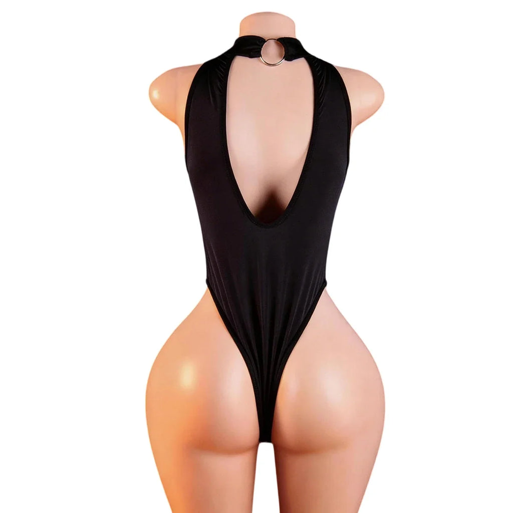 Crotchless Sexy Transparent Lace Bodysuits Lingerie Deep V Halter Sexy Open Crotch
