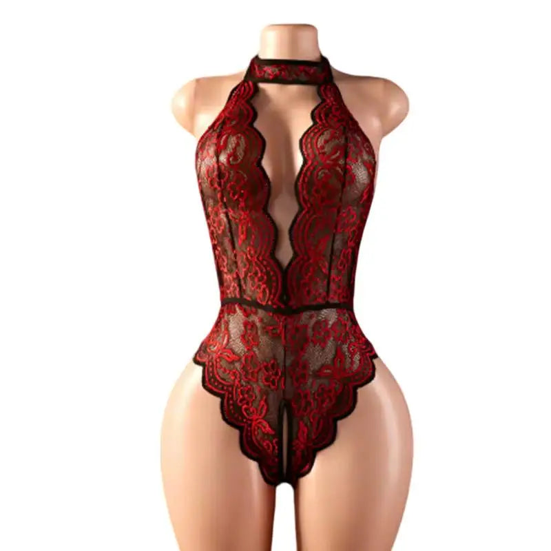 Women Red Crotchless Lingerie Halter