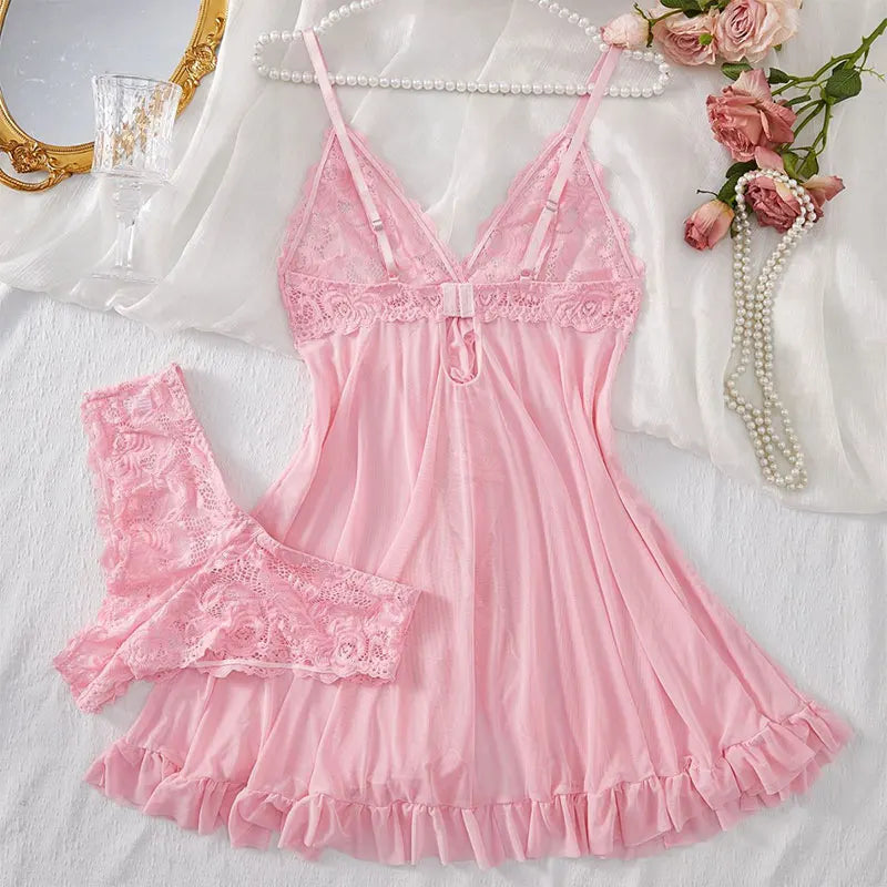 Deep V Slip Dress Thong Erotic Bra Panty Sets