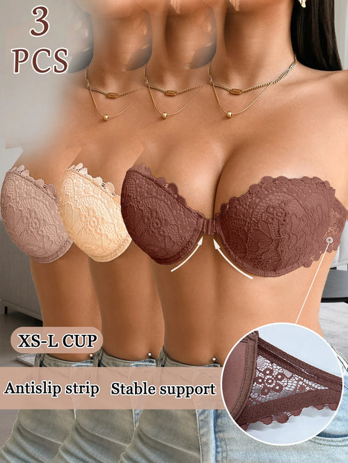 3Pcs Women Half Cup Lace Strapless Bra Adjustable Non-slip Off Shoulder Underwire Support Front Buckle Push Up