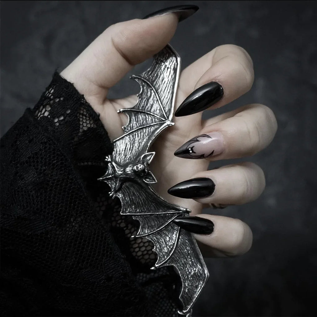 Black Cool Fake Nails Bat Press on Nails Almond Decorated Nail Tips Rivet Bow False Nails 24pcs Reusable Acrylic Nails
