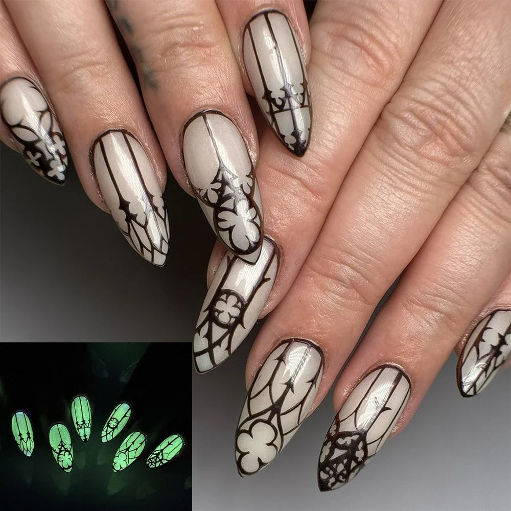 Black Cool Fake Nails Bat Press on Nails Almond Decorated Nail Tips Rivet Bow False Nails 24pcs Reusable Acrylic Nails