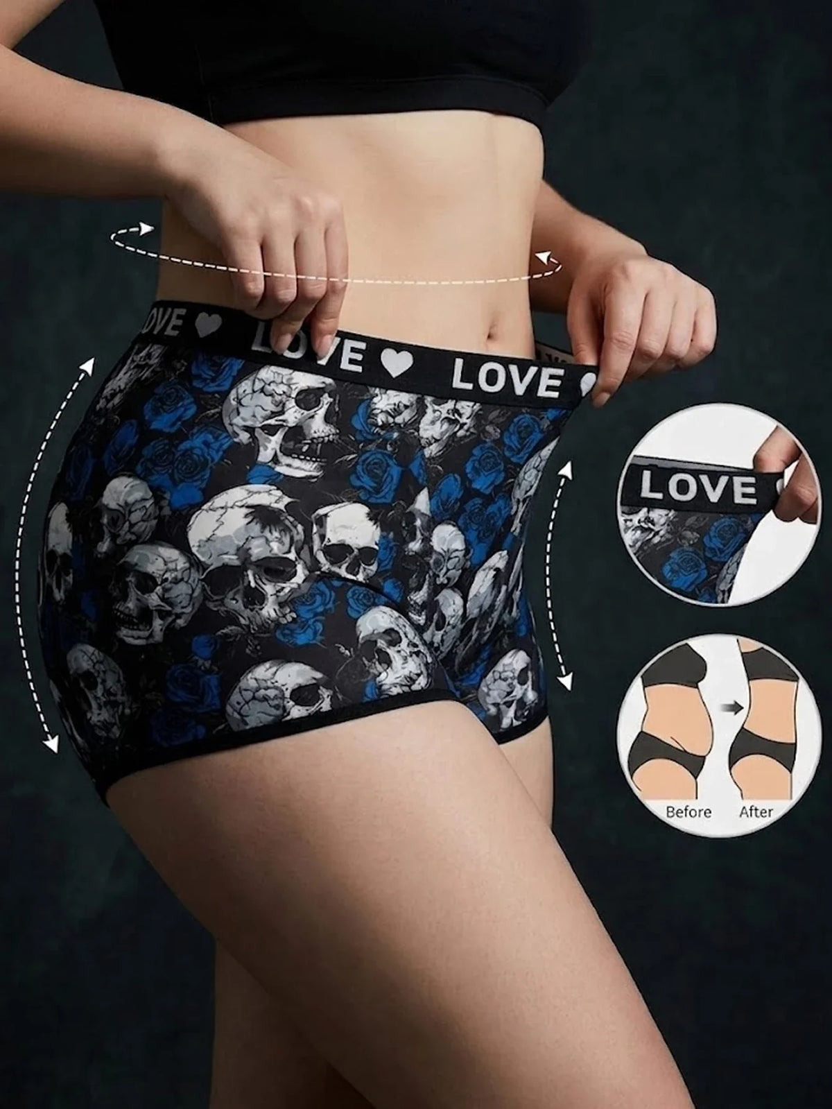 Women Seamless Panties High-waisted Boy shorts Gothic Skull Soft Breathable Stretch Underwear