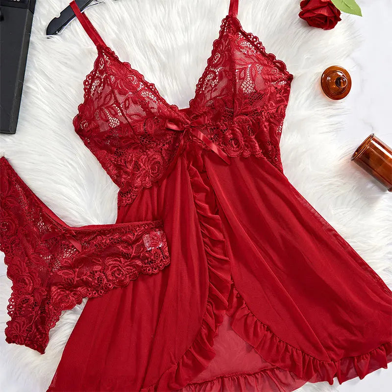 Deep V Slip Dress Thong Erotic Bra Panty Sets