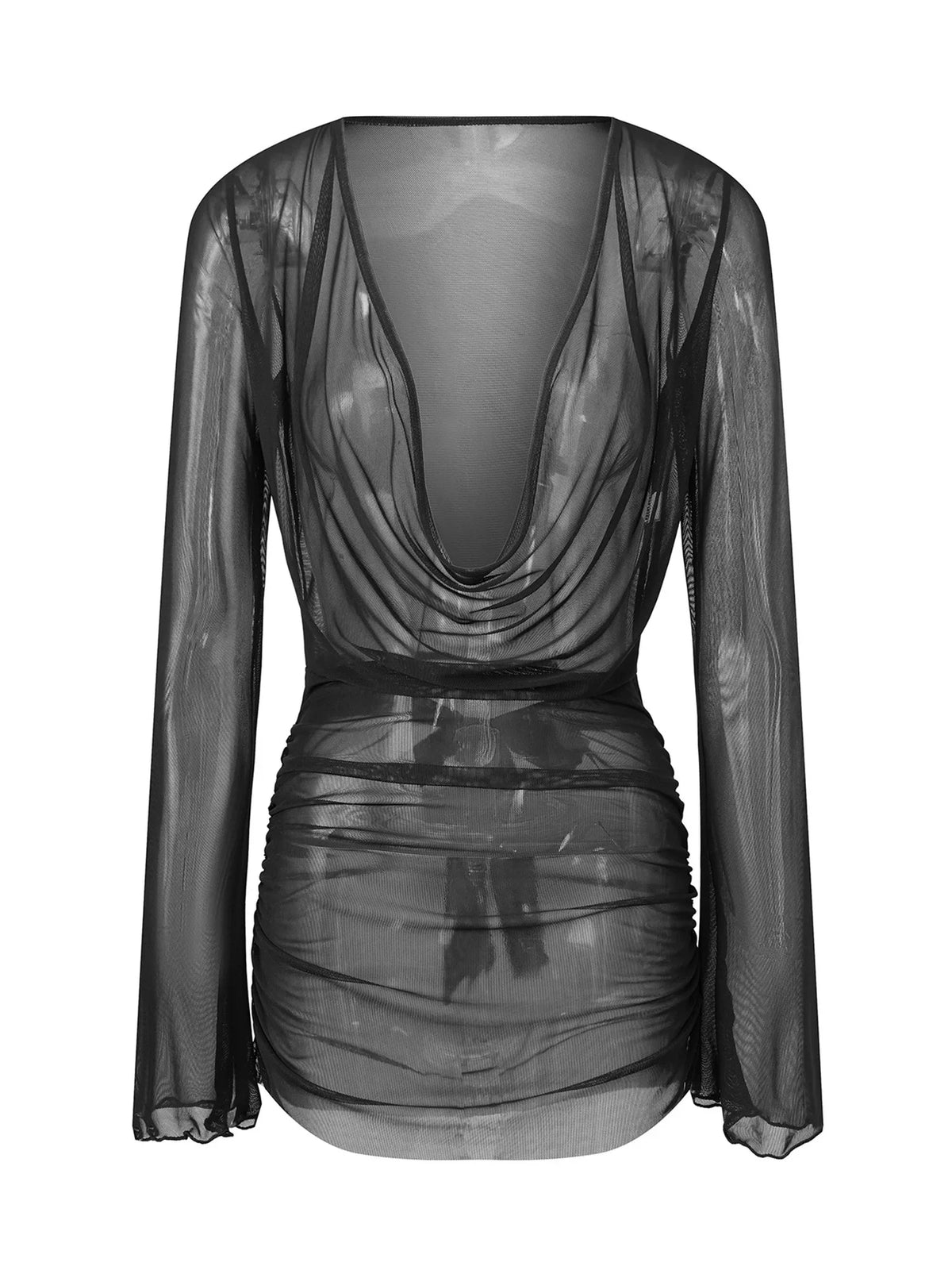 Solid Color Sheer Mini Dress Long Sleeve Deep V Neck Swim Cover Up