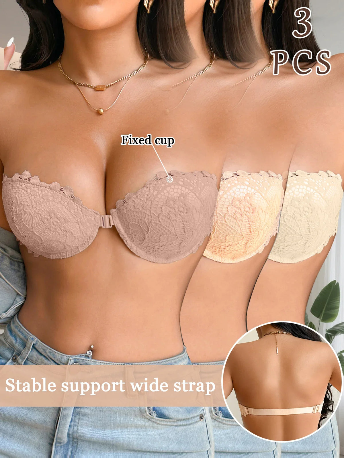 3Pcs Women Half Cup Lace Strapless Bra Adjustable Non-slip Off Shoulder Underwire Support Front Buckle Push Up