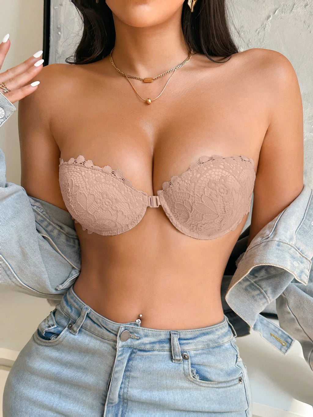 3Pcs Women Half Cup Lace Strapless Bra Adjustable Non-slip Off Shoulder Underwire Support Front Buckle Push Up