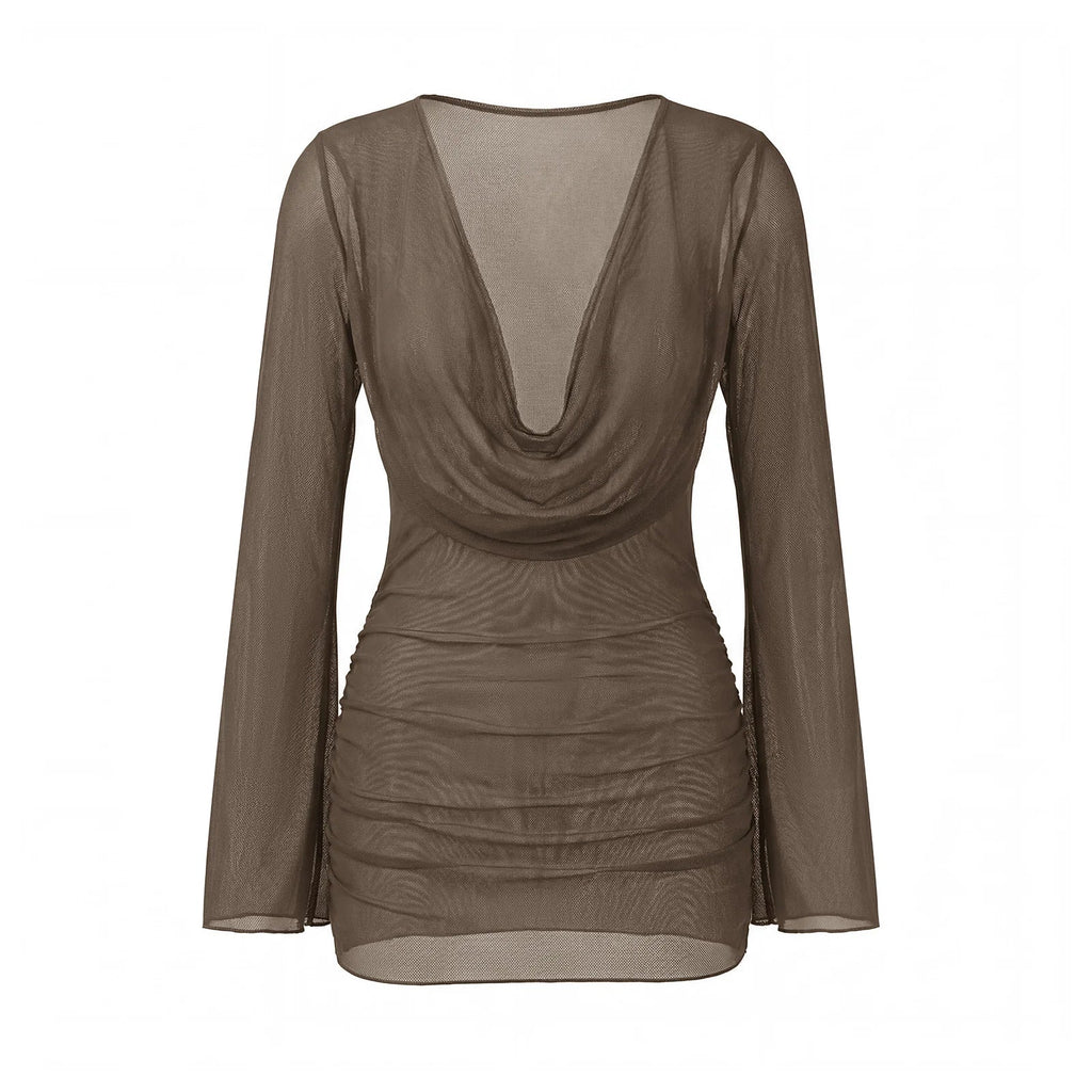 Solid Color Sheer Mini Dress Long Sleeve Deep V Neck Swim Cover Up