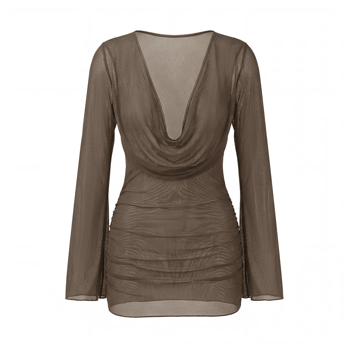 Solid Color Sheer Mini Dress Long Sleeve Deep V Neck Swim Cover Up