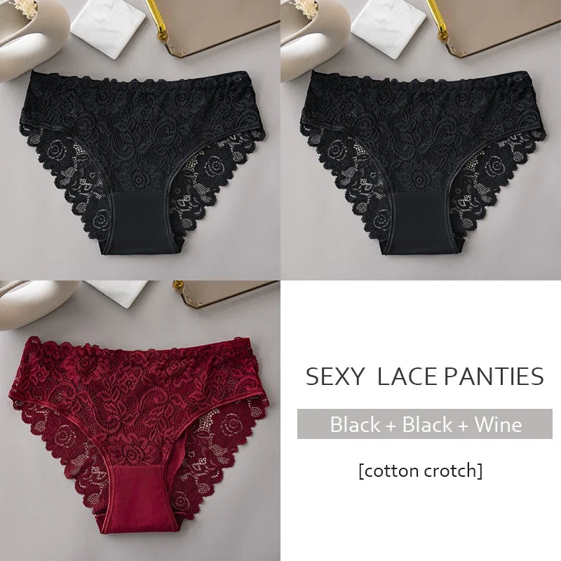 Lace Cotton Panties 3PCS Floral Embroidered Women's Briefs