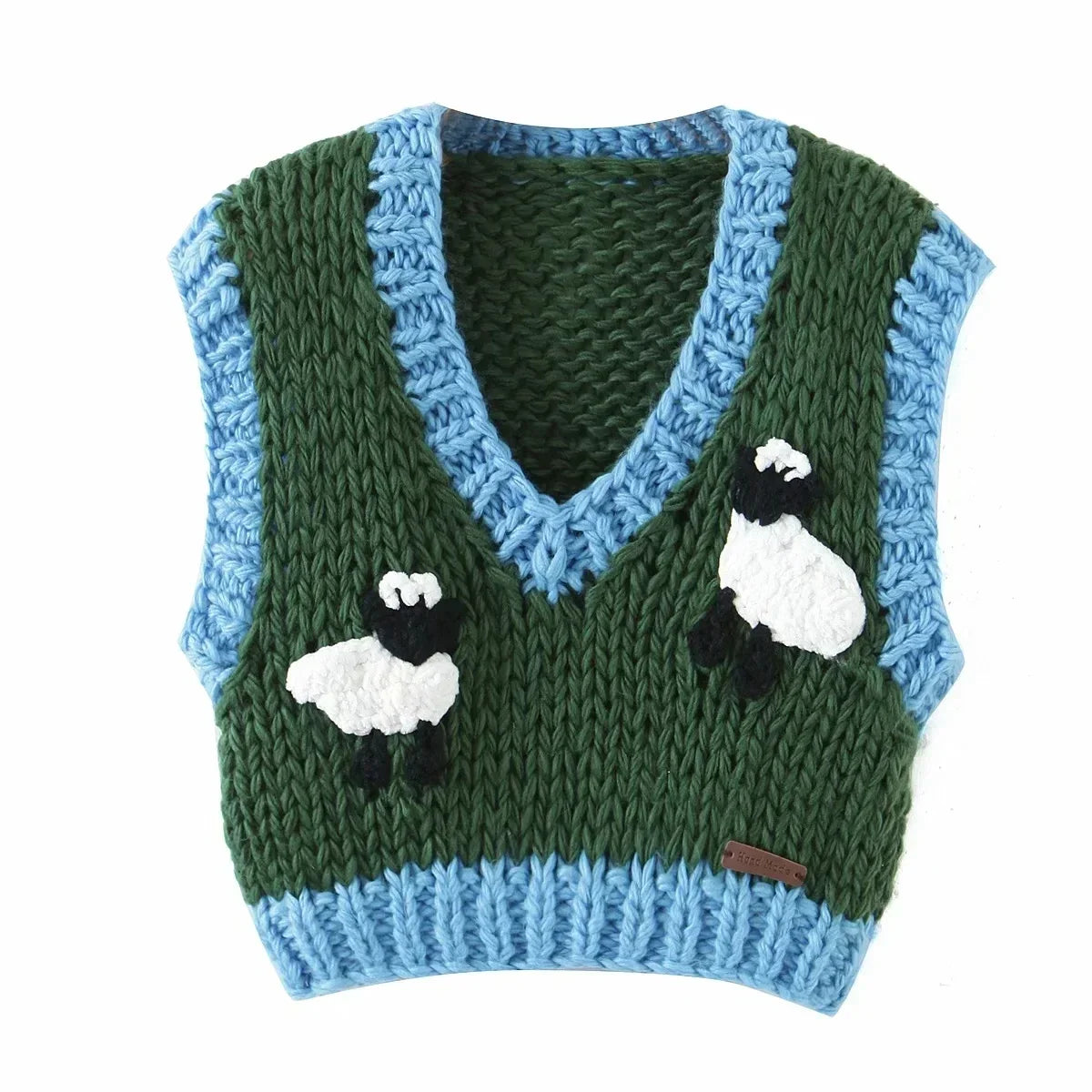 Sheep Knitted Sweater Vest Vintage Animal  Blue Cropped Sweater