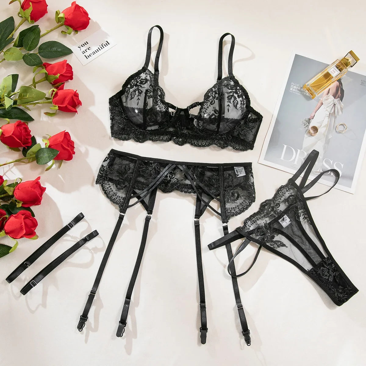 Ultrathin Mesh Patchwork See Through Bras And Thongs 3pc. Set