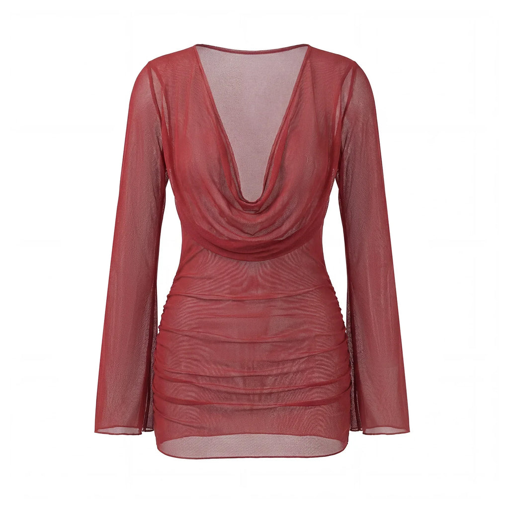 Solid Color Sheer Mini Dress Long Sleeve Deep V Neck Swim Cover Up