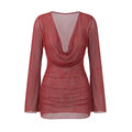 Solid Color Sheer Mini Dress Long Sleeve Deep V Neck Swim Cover Up