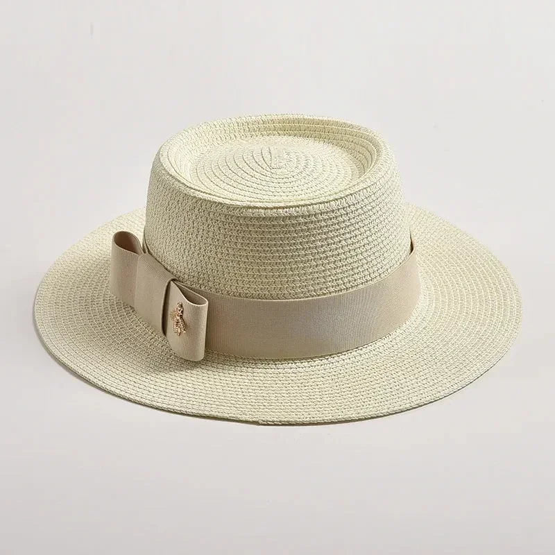 NEW Spring Summer Straw Hats for Women Round Bumpy Surface Flat Top Bowknot Dress Cap Travel Beach Sun Hat Gorra