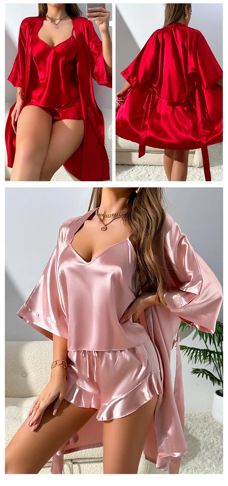 Kimono Bath Gown Strap Top & Shorts Lingerie Loose Silk Satin Set
