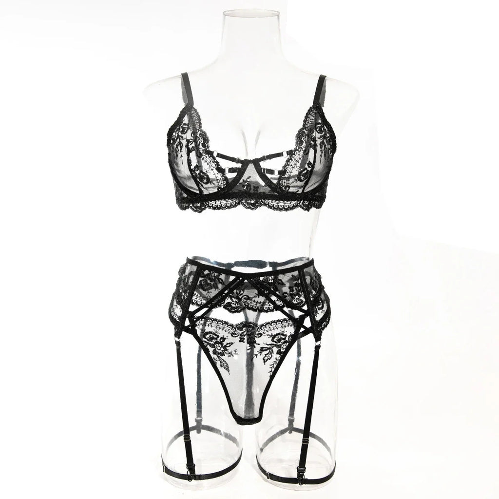 Ultrathin Mesh Patchwork See Through Bras And Thongs 3pc. Set